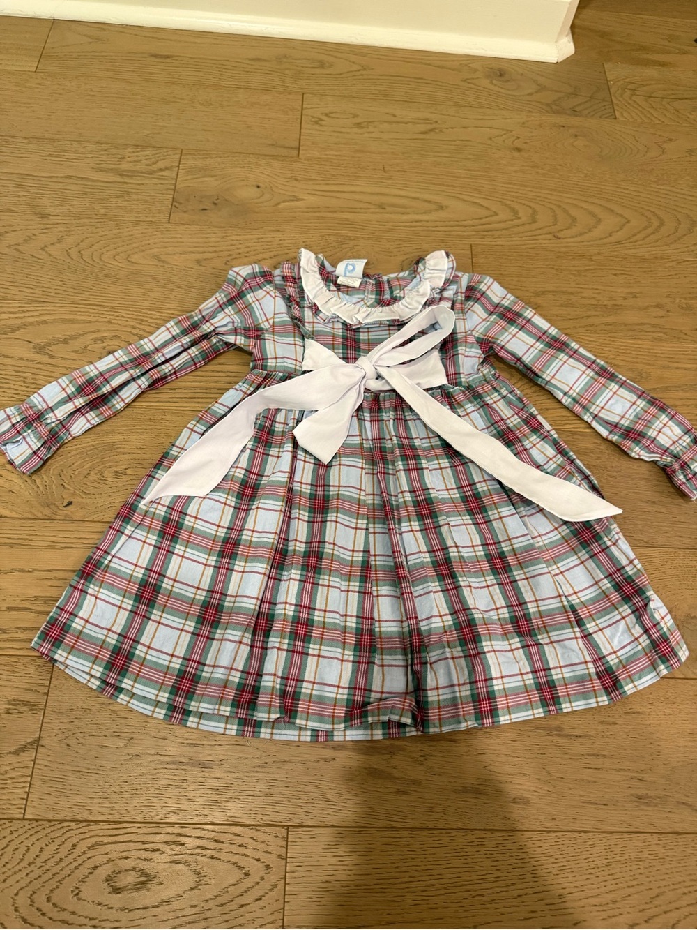 Bella Bliss Girls Size 4 Plaid Long Sleeve Dress White Sash Bow 100% Cotton